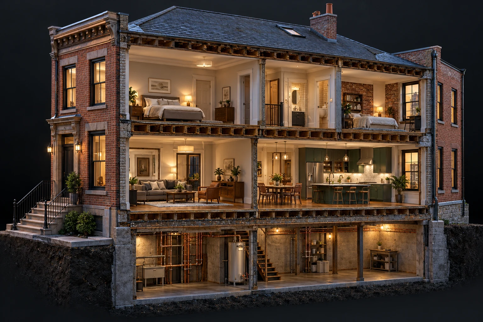 Illustrative cutaway of a home showing roof, rooms and basement systems