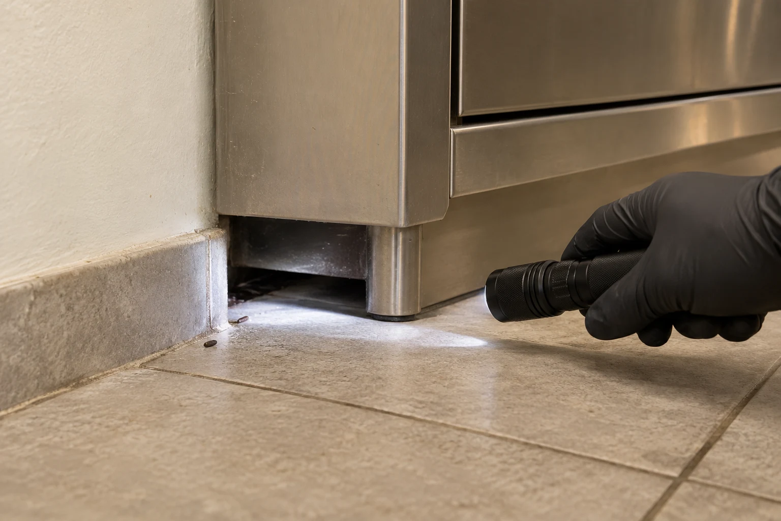 AI-generated illustration of a gloved hand using a flashlight to inspect a gap beneath kitchen cabinetry